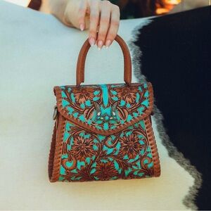 Western Bag Leather Hand tooled Handbag Brown Turquoise Bag